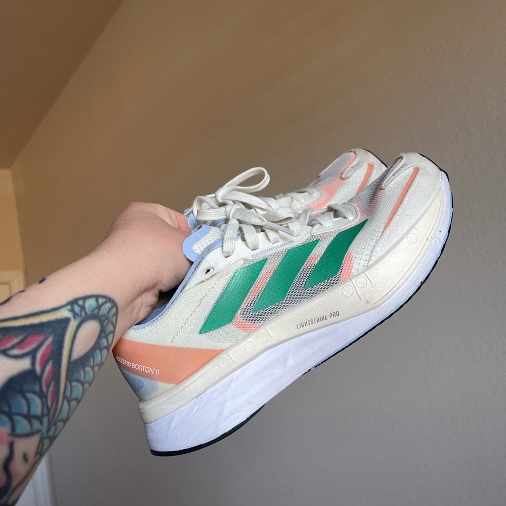 adidas Adizero Boston 11 running shoes white tint/ court green/ coral fusion